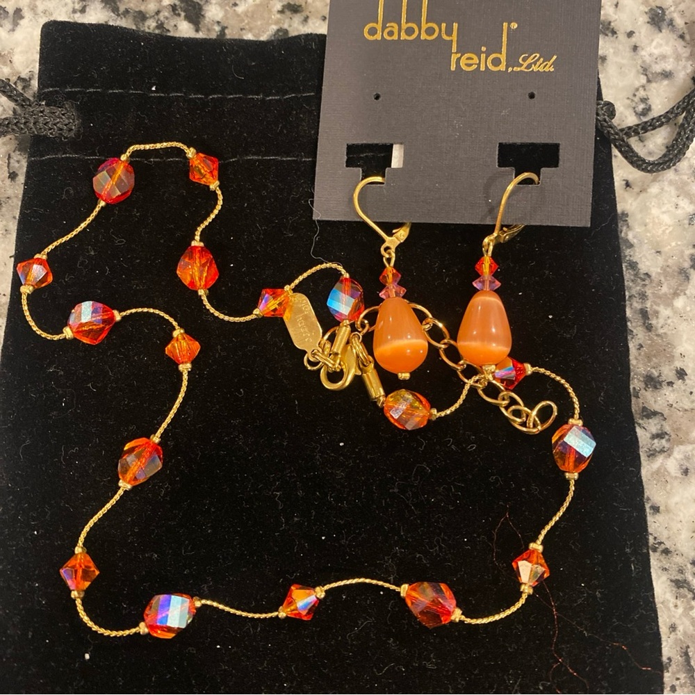 Dabby Reid Orange AB Crystal Glass Necklace with Drop Earrings